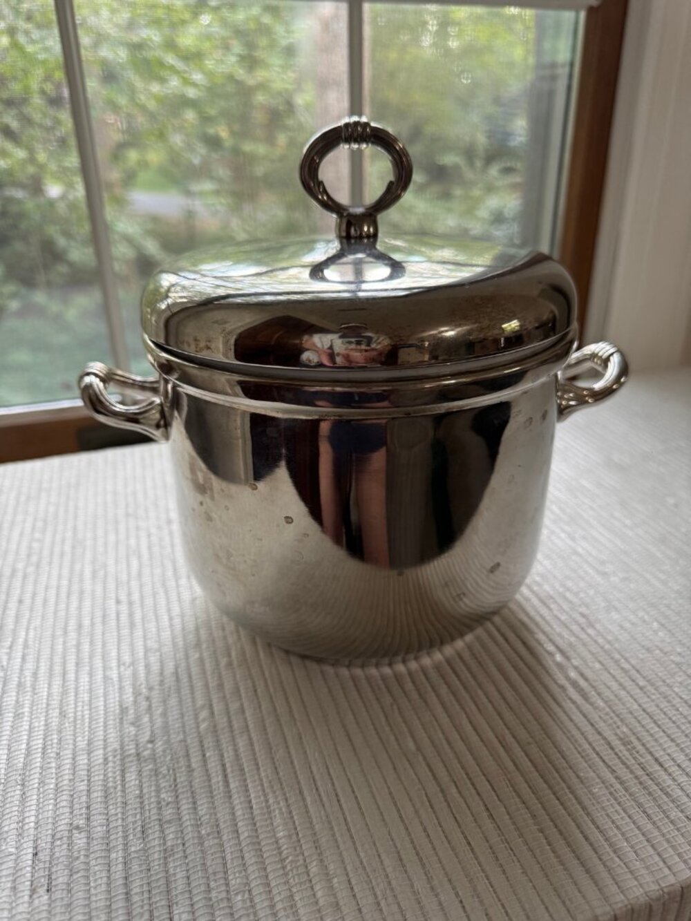 Silver-Tone Metal Covered Ice Bucket | Ring Handles & Finial
